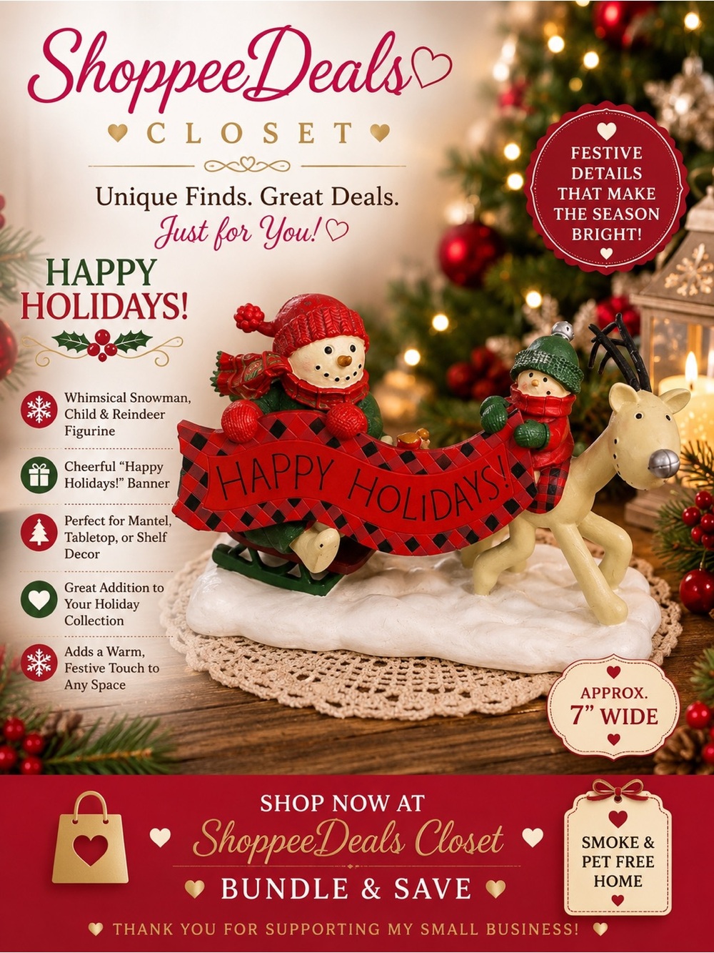 Christmas Snowman Reindeer “Happy Holidays” Figurine Winter Holiday Decor